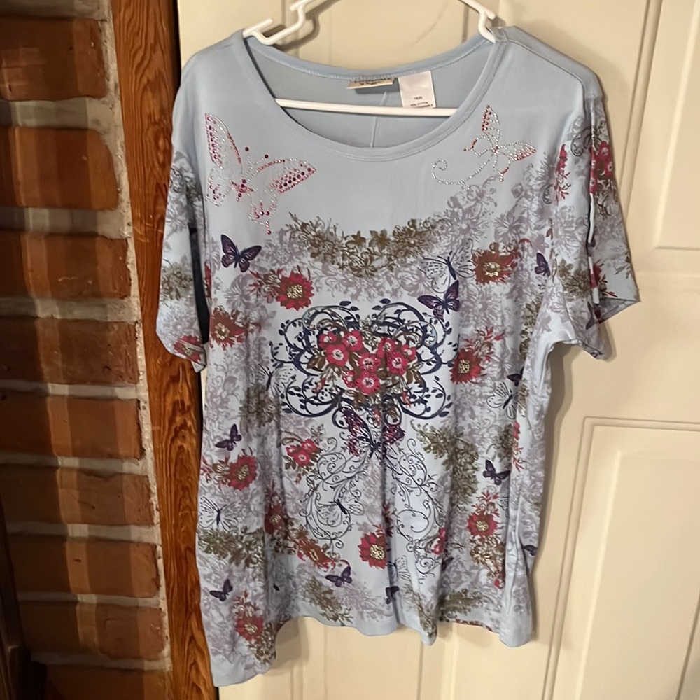 Blue bedazzled T shirt by Essentials by Maggie. 18 / 20 butterflies NWT
